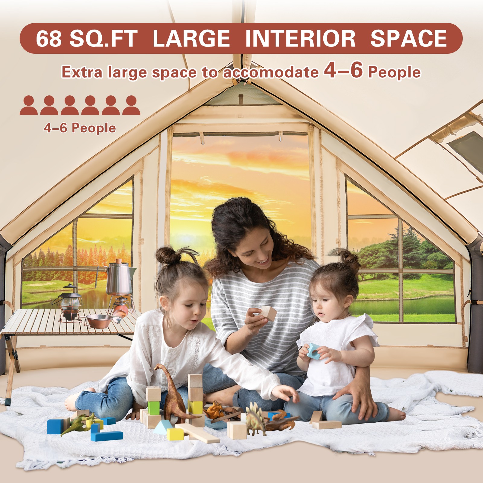 Portable Inflatable Camping Tent 6 Person Waterproof w/ Stove Jack Window