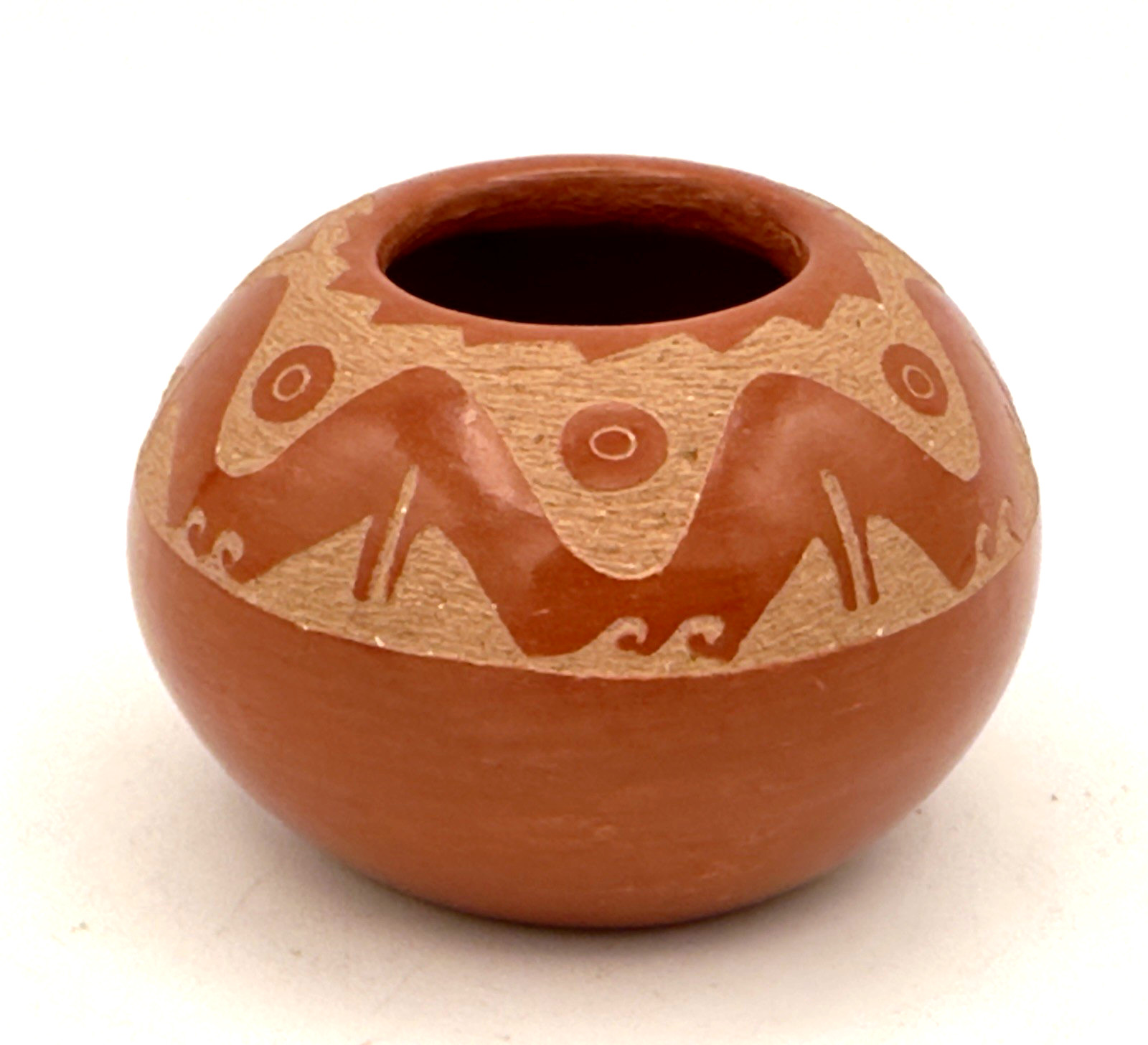 2.5" Ildefonso Pueblo Sgraffito Avanyu Redware Pottery Jar - Alfred Aguilar