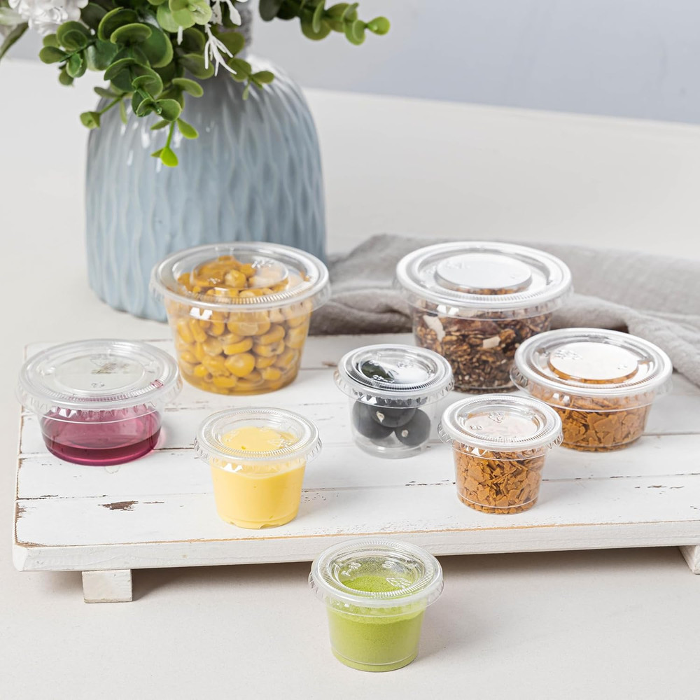 00Pack 1oz Disposable Plastic Portion Cups with Lids, Small Mini Sauce Cups