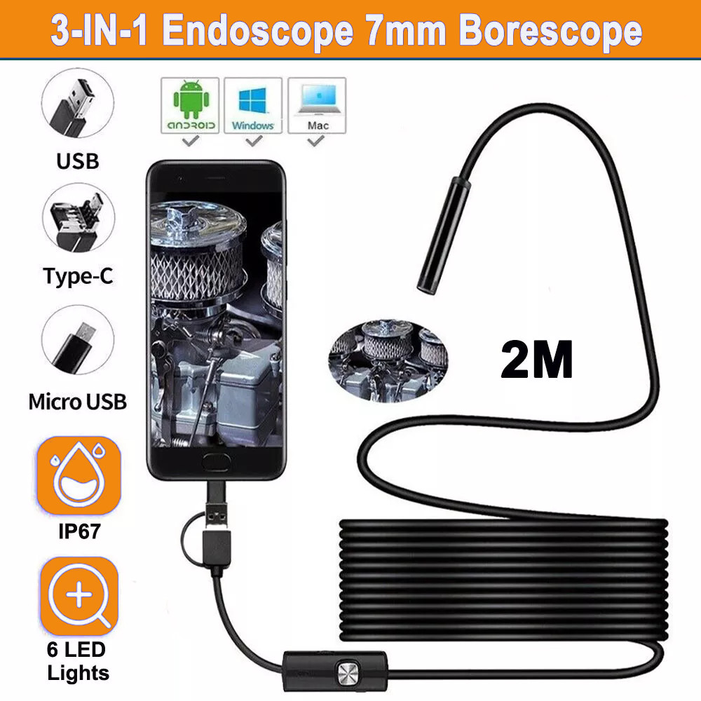 6LED Snake Endoscope Borescope HD Inspection Camera Scope For Android Type C