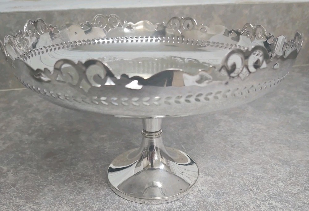 Vintage Silverplate Pedestal Candy Dish Pierced Rim Compote Serving Bowl Footed