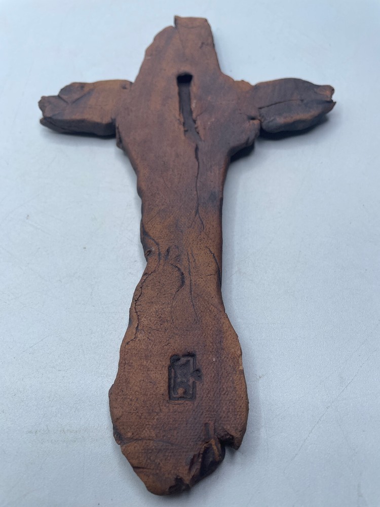 Handmade Abstract Pottery Cross Brown Signed Hanging