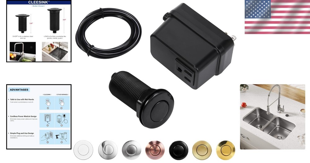 Long 3.5" Push Button Air Switch - Certified for Garbage Disposals