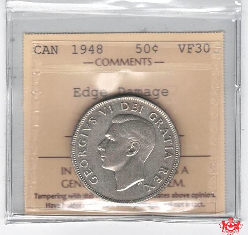 1948 Canada 50 Cents - ICCS VF30 - Edge Damage XAI 743