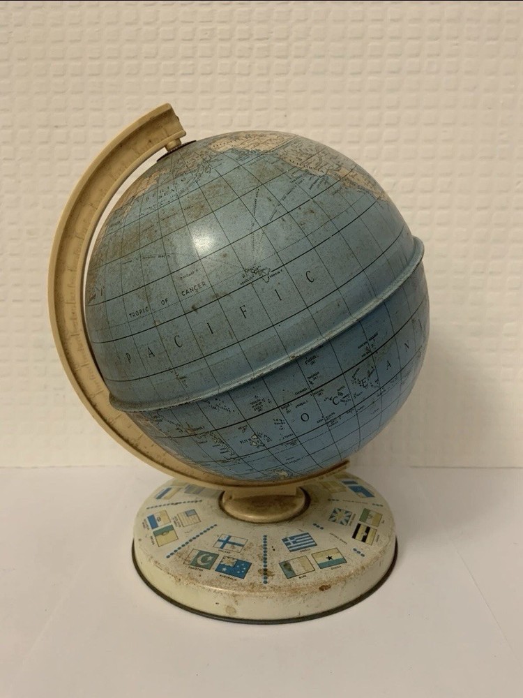 Vintage 1950’s Desktop Rotating Tin Globe World Map