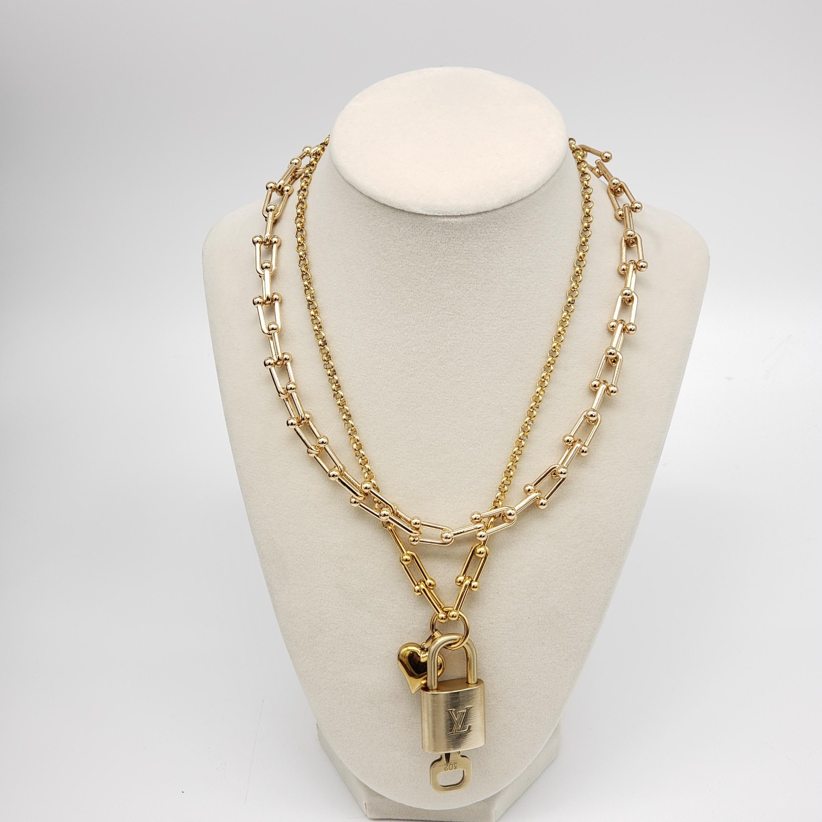 Authentic Louis Vuitton Gold Padlock w/ Unbranded Fashion Stainless Steel Chain