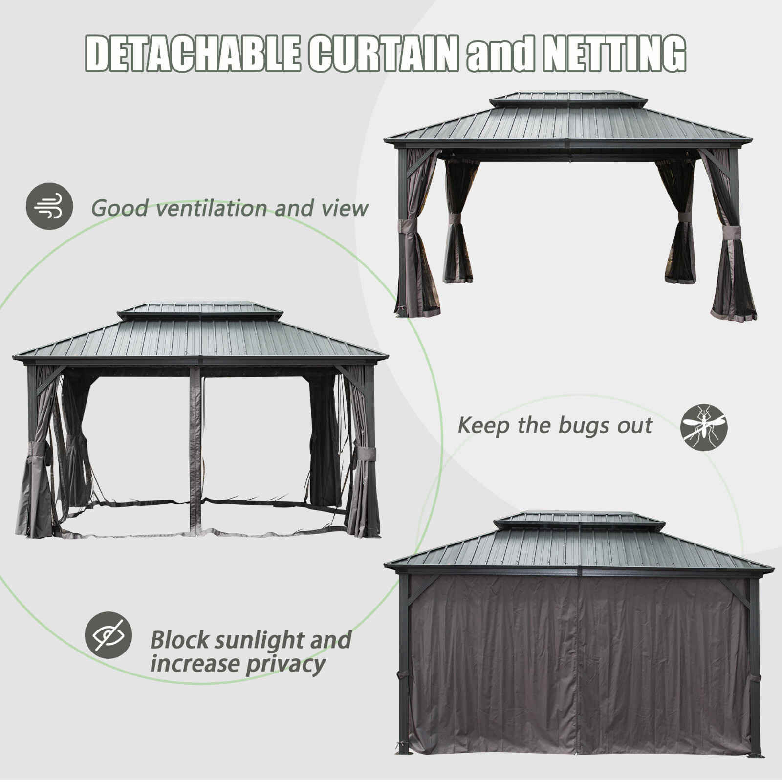 Domi 12’ x 16’ Hardtop Gazebo Outdoor Aluminum Gazebo w/Netting & Curtains, Gray