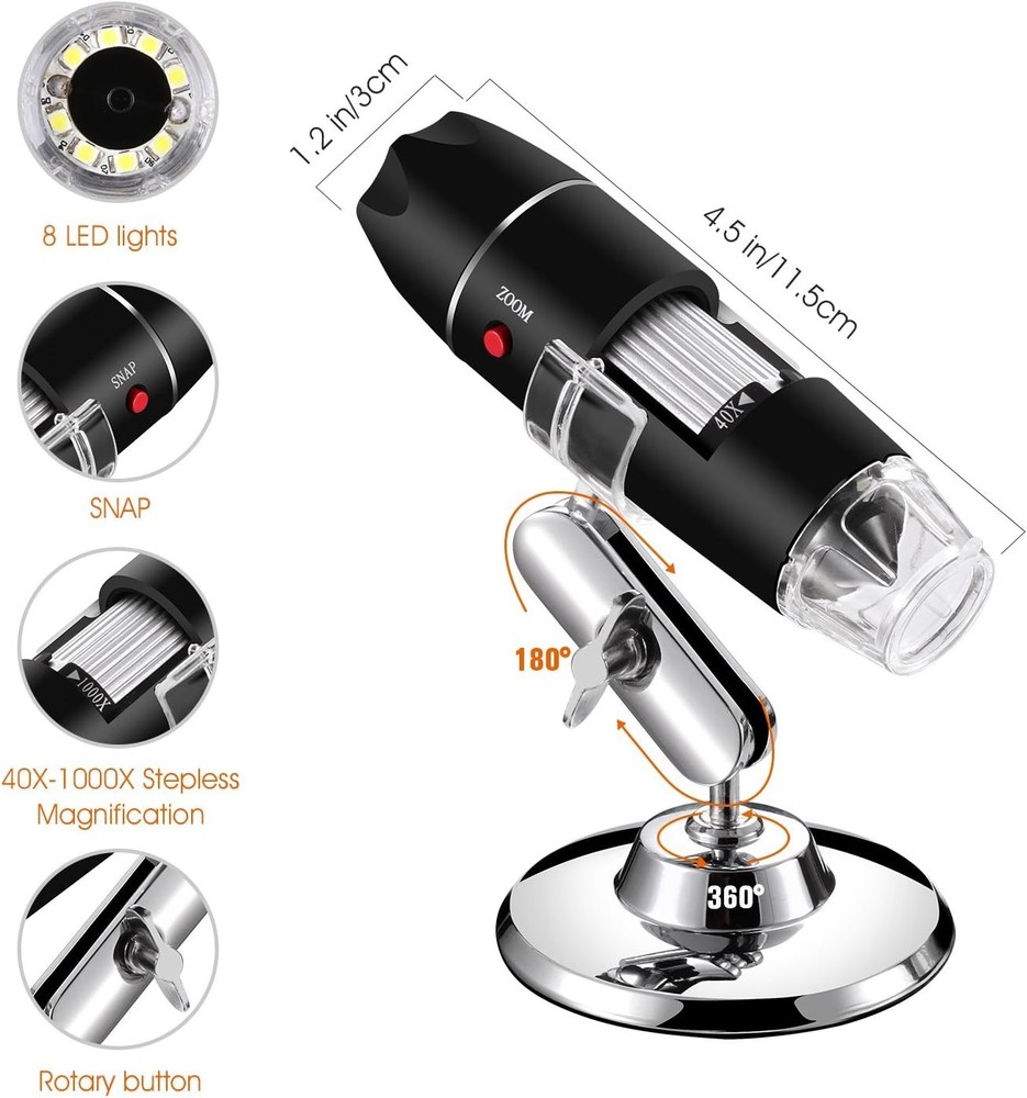 Versatile USB Microscope 40X-1000X with LED Lights for Educational Insights