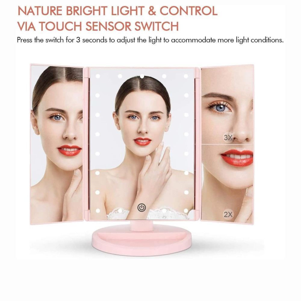 CreateAndBundle Tri-fold Lighted Vanity Makeup Mirror with 3x/2x Magnification