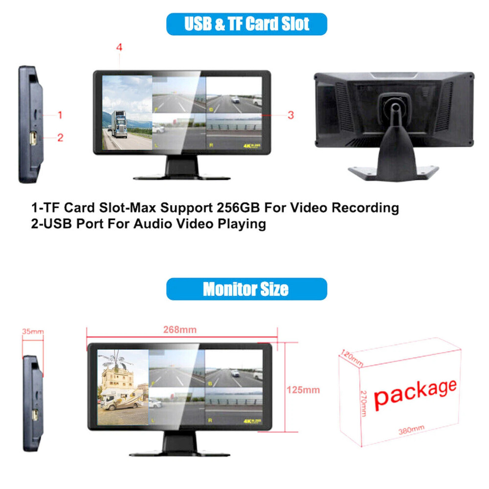 1080P RV Backup Camera 10.36" 4K Touchscreen Monitor DVR for Truck Bus Trailer