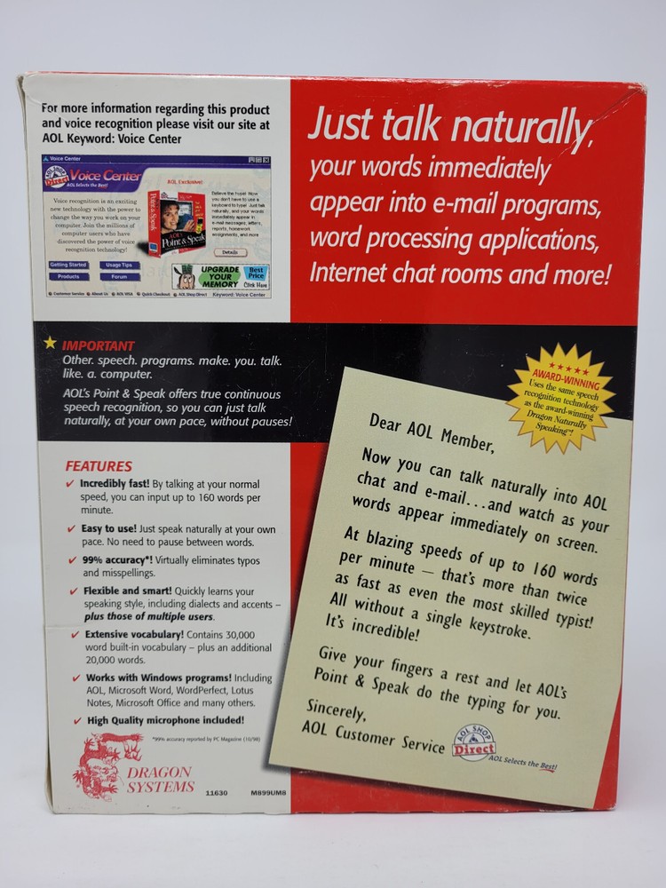 Dragon Systems AOL's Point & Speak Speech Recognition for PC Windows - NEW