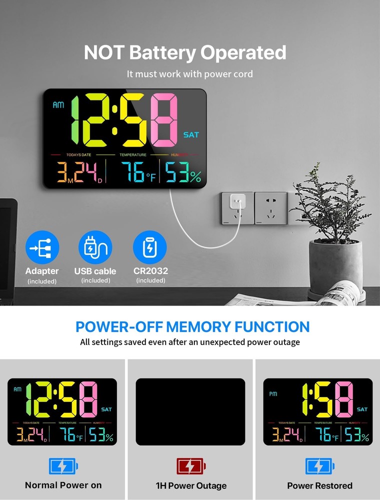 MASHI Digital Clock, 13" Large Display Digital Wall Clock, Adjustable Brightn...