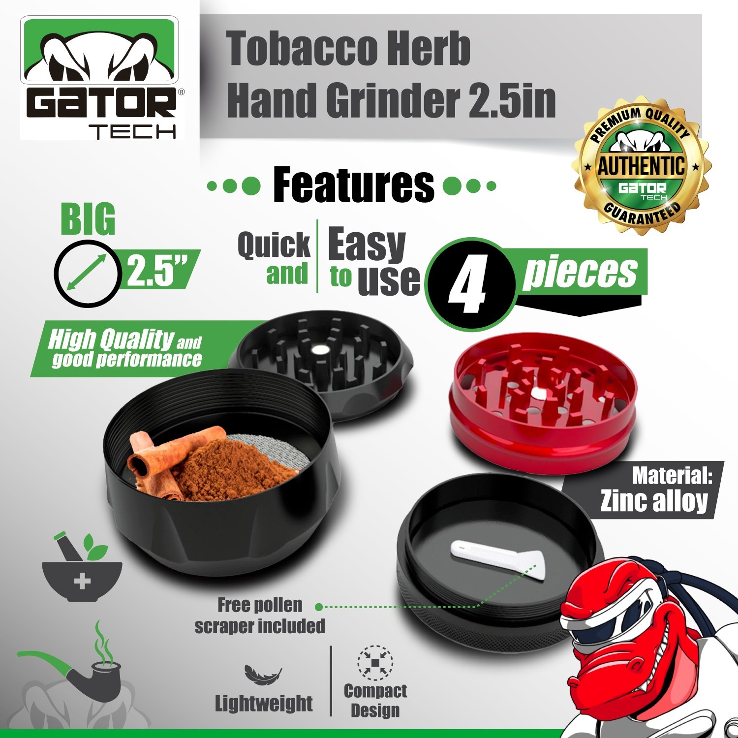 Tobacco Herb Grinder Spice Herbal Metal Crusher 2.5” Large Hand Handle Muller