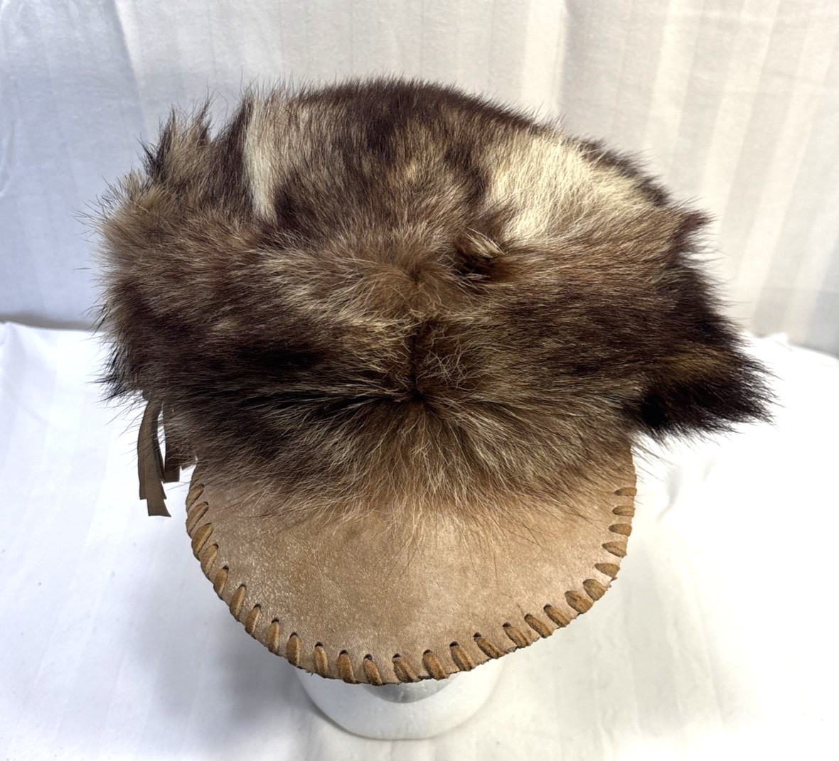 Custom Native American Racoon fur hat with Leather Brim + Beaded Accents Size M