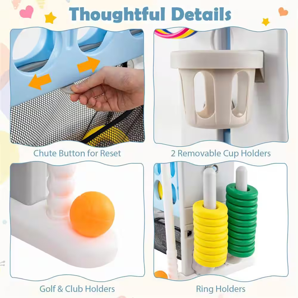 Giant 4-In-A-Row Game Set with Ring-Toss, Basketball Hoop, Golf Club and Cup Hol