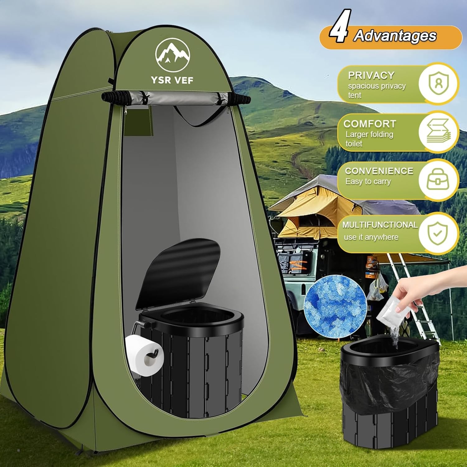 Portable toilet set, camping toilet with pop-up privacy tent and poop bag,