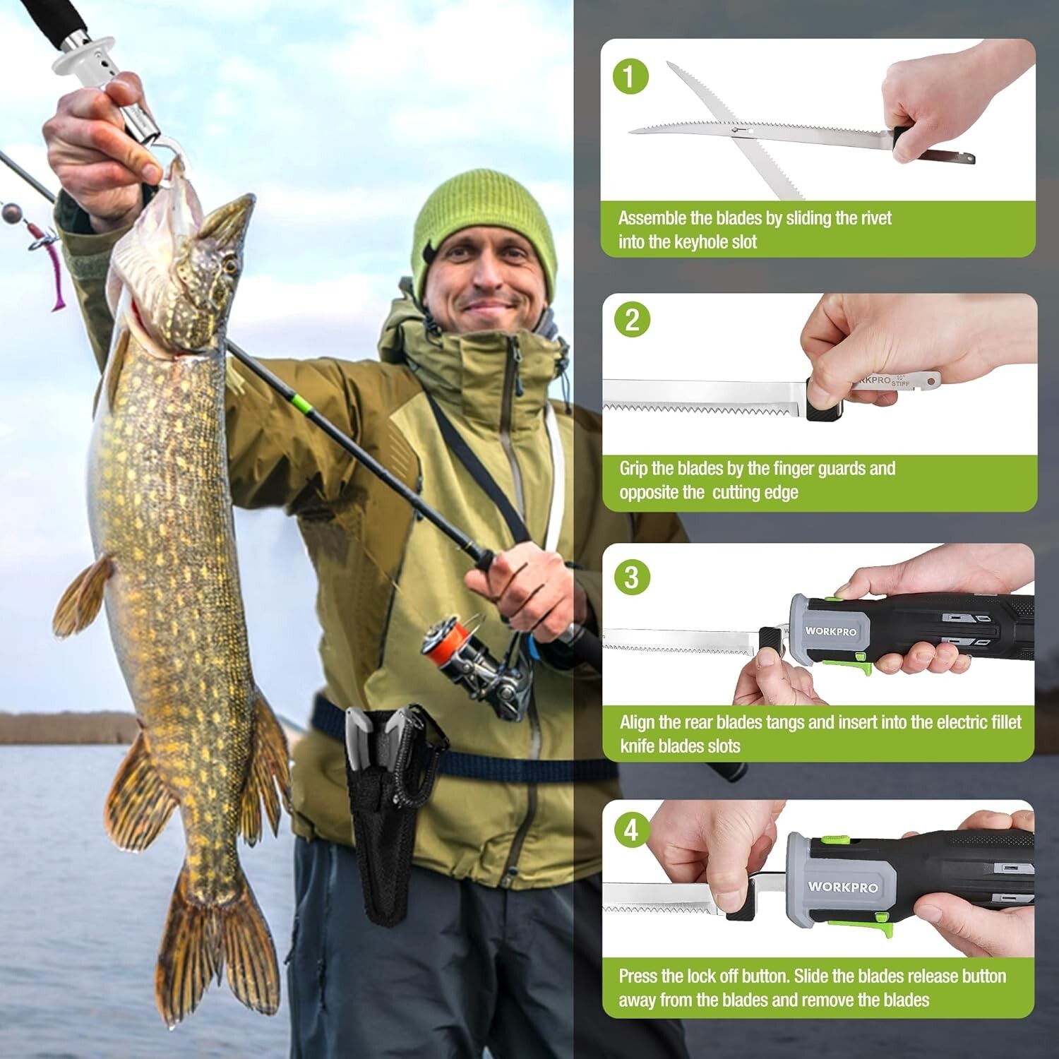 WORKPRO 2PC 10" 8" 12V Electric Fillet Knife Cordless Reciprocating Razor Blades