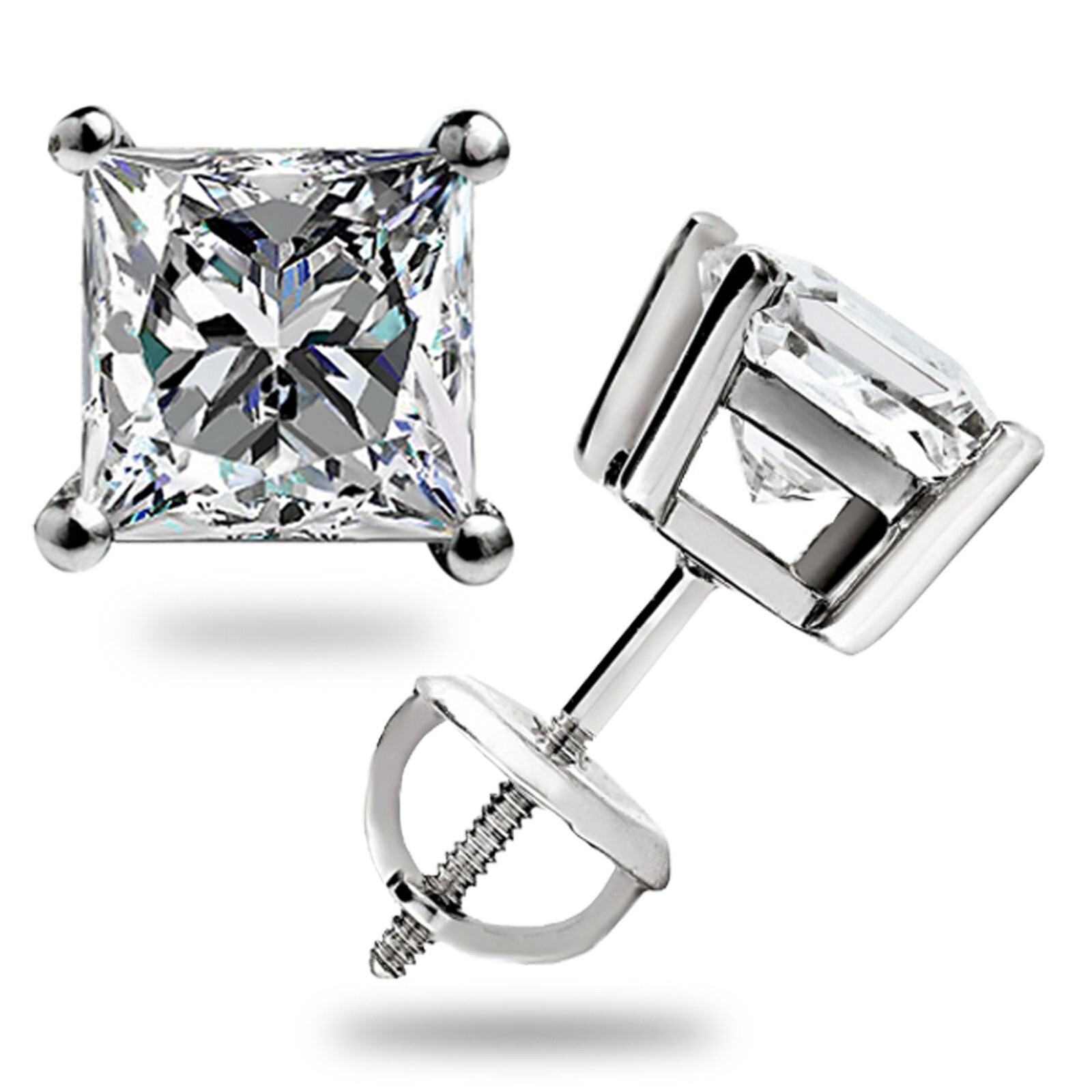 3 Ct Princess Cut GRA Moissanite Stud Earrings 14K Solid White Gold 6.5mm New