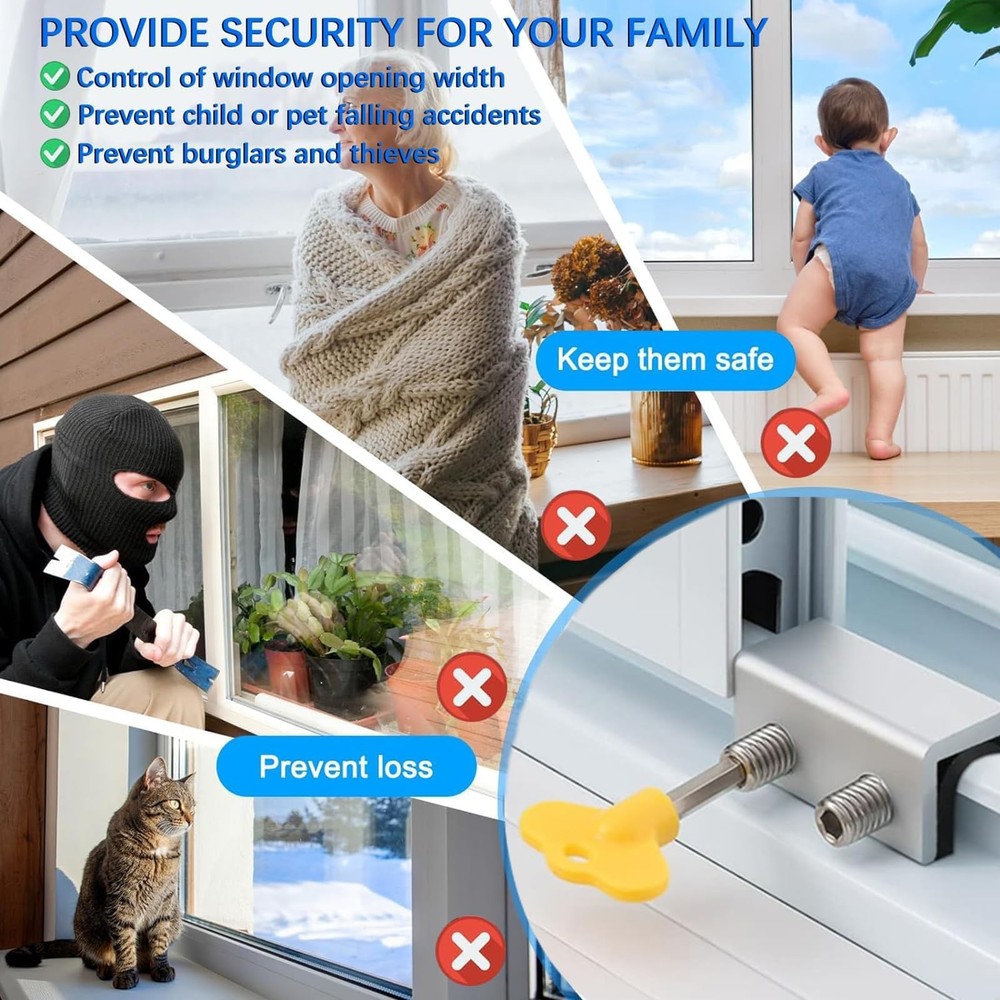 Window Locks, 4 Sets Sliding Locks with Key, for Up and Down Silver