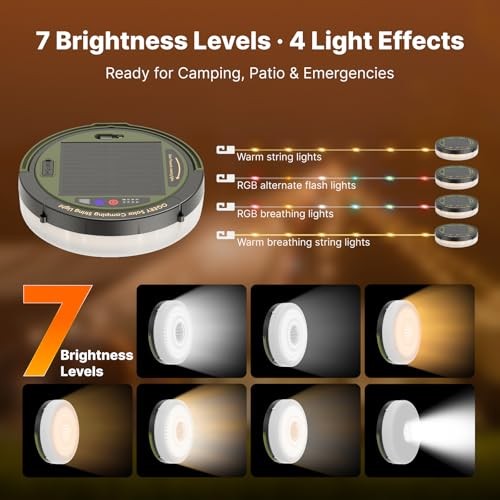 Solar Camping String Lights, 5400mAh/ 49.2FT/ 11 Modes Rechargeable Green