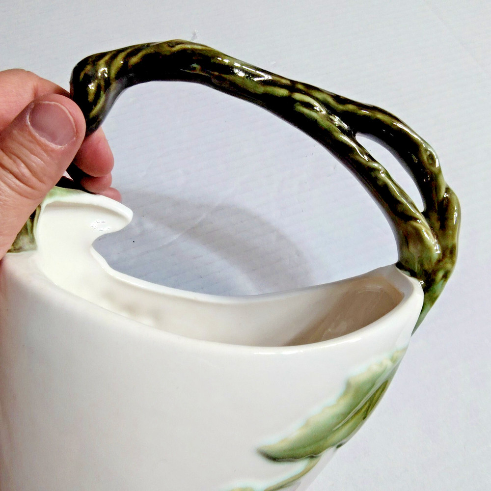 VTG Ceramic Basket Vase Green Grapes Relief Handle Grape Leaf Decor 9"