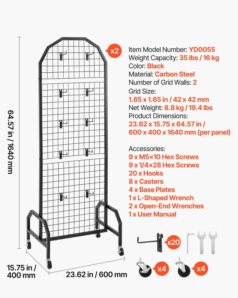 VEVOR 2 Pack Grid Wall Panel 1.9 x 5.4 ft Wire Display Rack with Wheels & Hooks