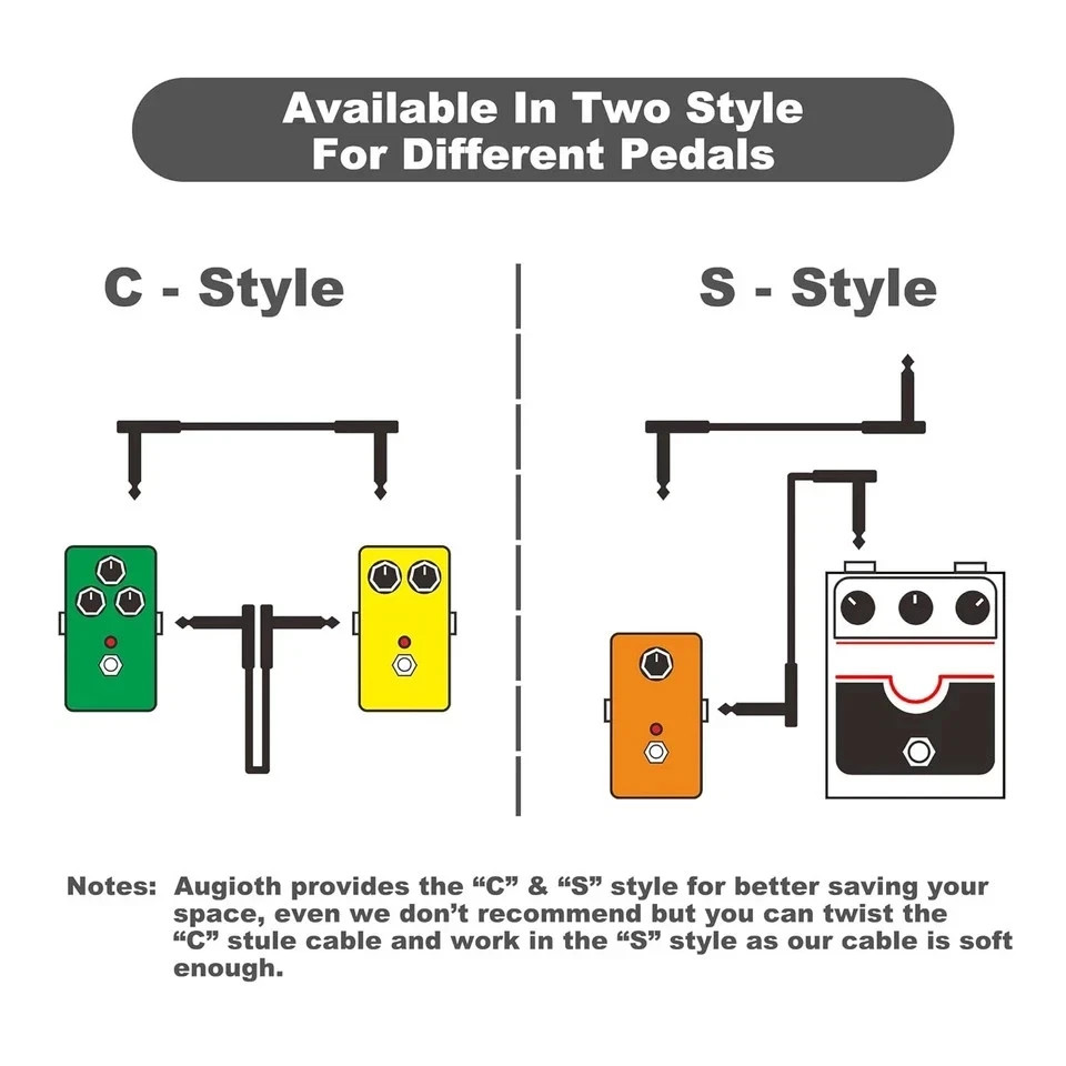 6 Pack 12 Inch Guitar Patch Cables Right Angle 1/4 TS Flat Pedal Effect Cord Bla