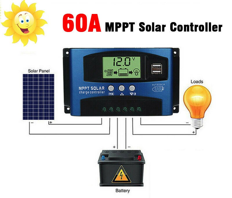 Charge Controller 12V/24V Dual USB Solar Panel Regulator 60A Auto Focus MPPT
