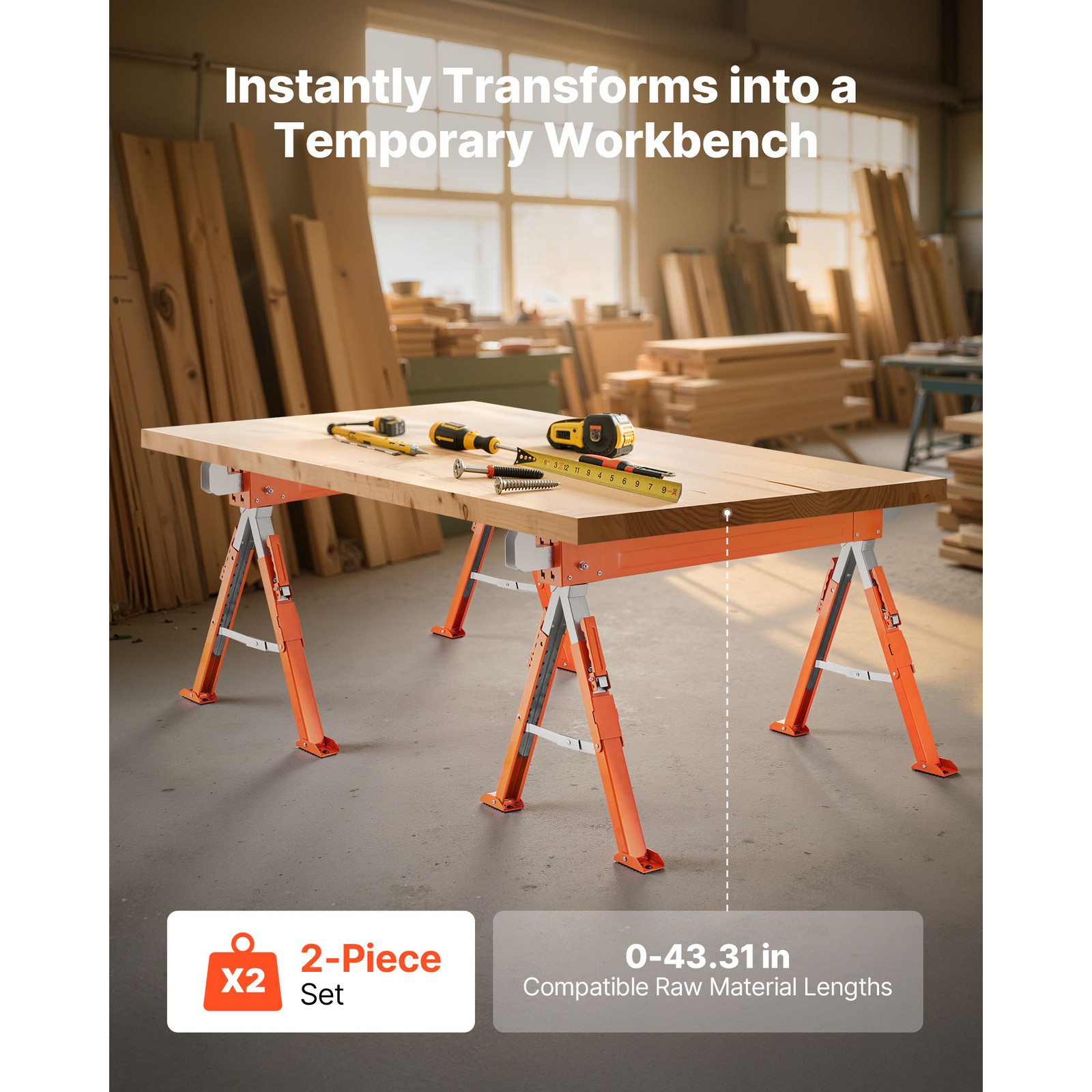 Uimoso Adjustable Heavy-Duty Saw Horses, 2-Pack, 1800 lbs Capacity