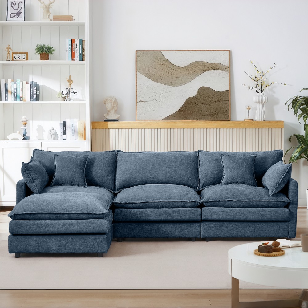 102" L-Shaped Modular Sectional Sofa w/ Ottoman, Chenille, Blue