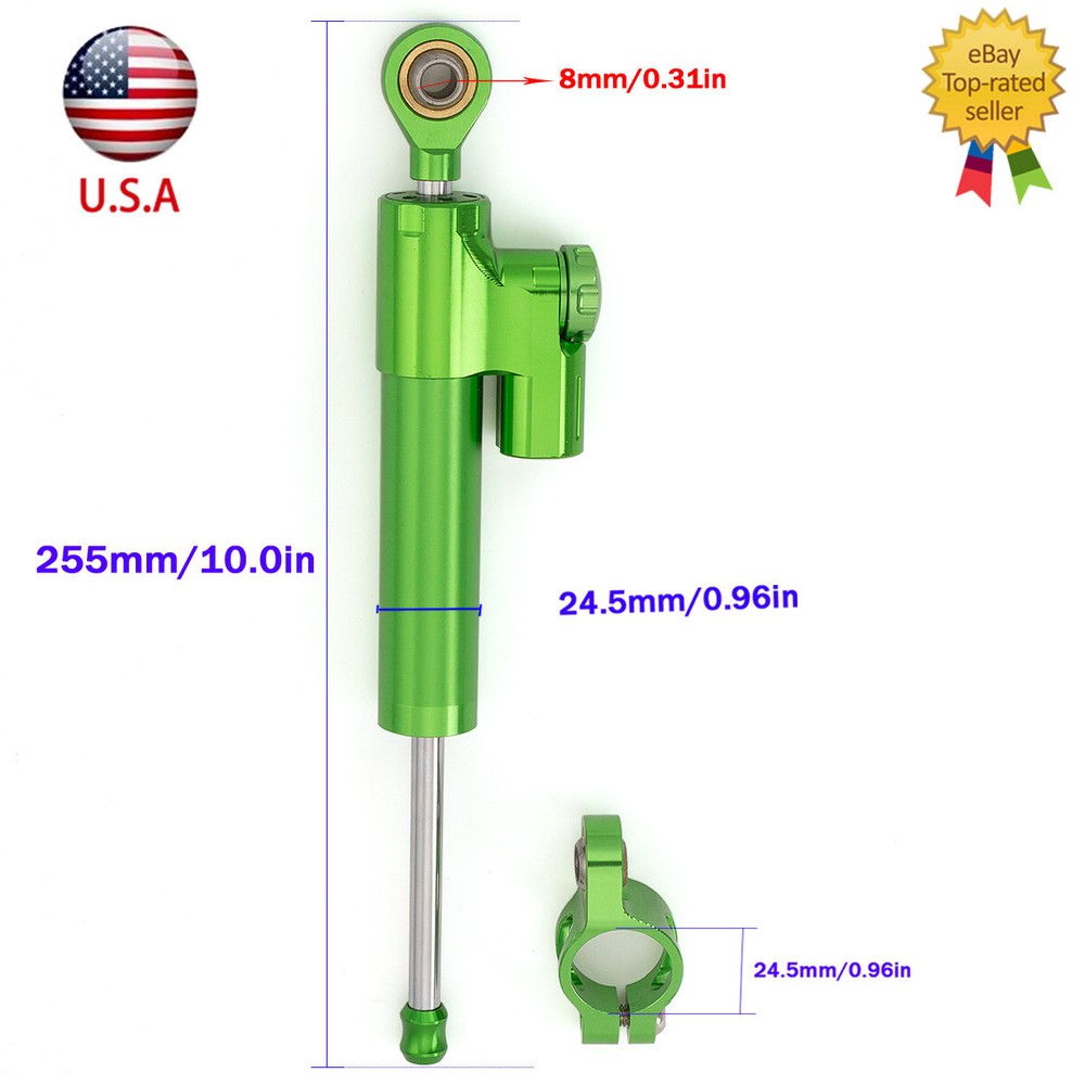 255mm Green CNC Steering Damper Linear Stabilizer Reversed Piston Universal