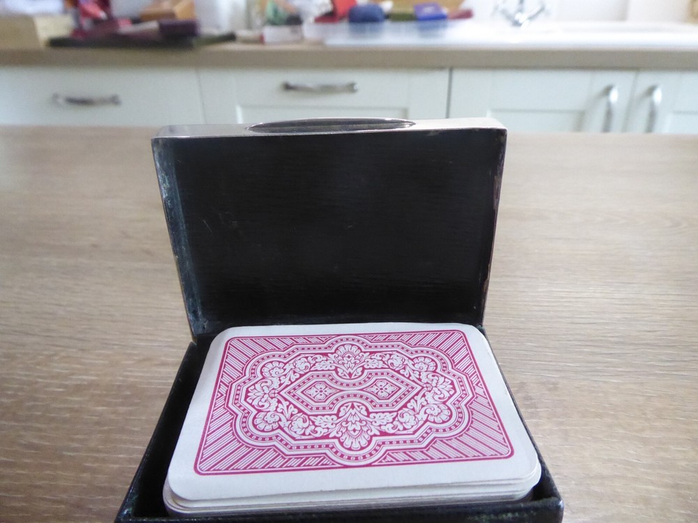 SUPERB ANTIQUE PATIENCE SOLID STERLING SILVER BOXED PLAYING CARDS CASE & CARDS