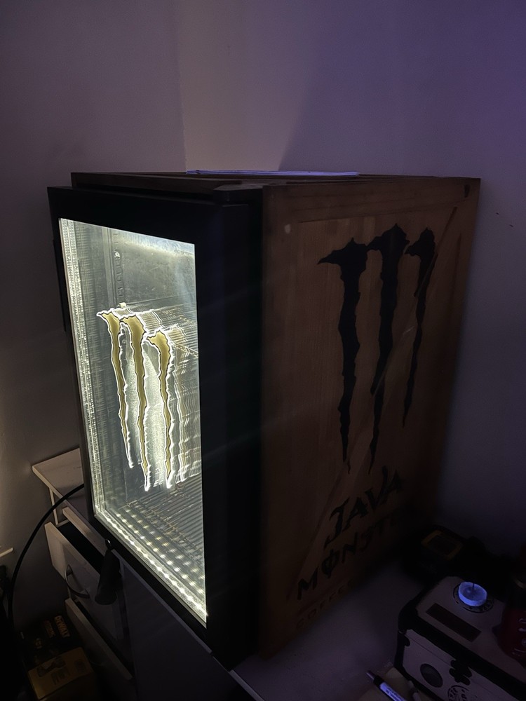 Java Monster Mini Fridge Rustic Wood Design – Rare Collectible Cooler