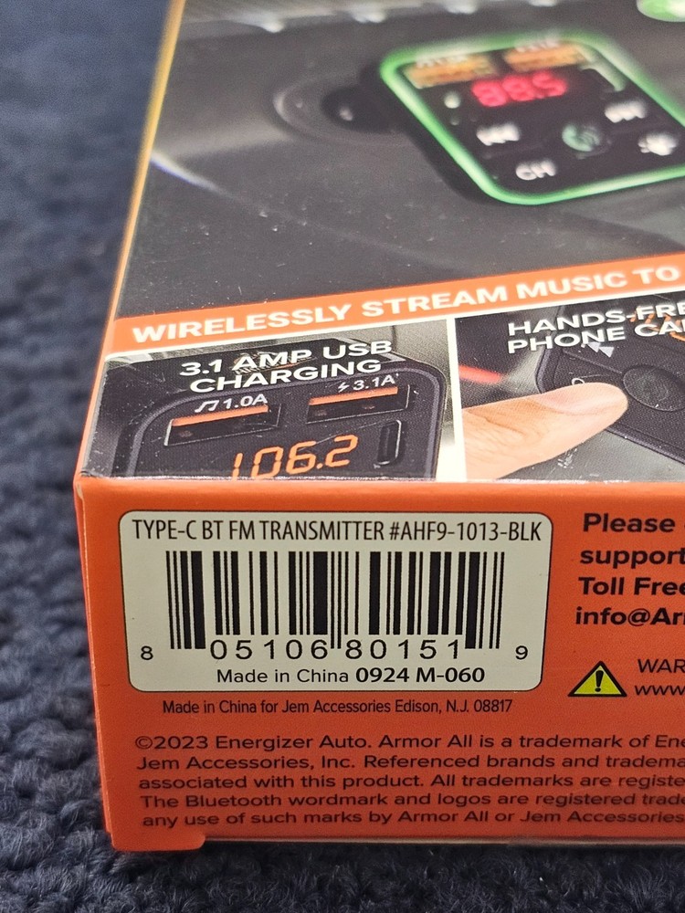 ArmorAll AHF9-1013-BLK Bluetooth FM Transmitter With Type-C + 2 USB