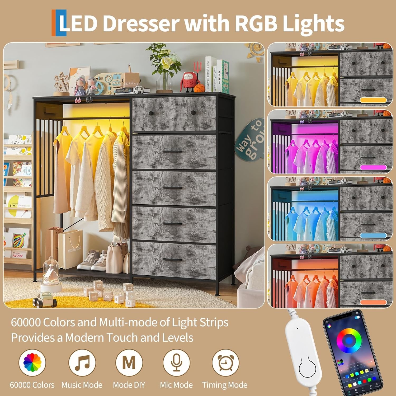 6-Drawer Dresser with Hanging Rack, LED Lights & Charging Station for Bedroom