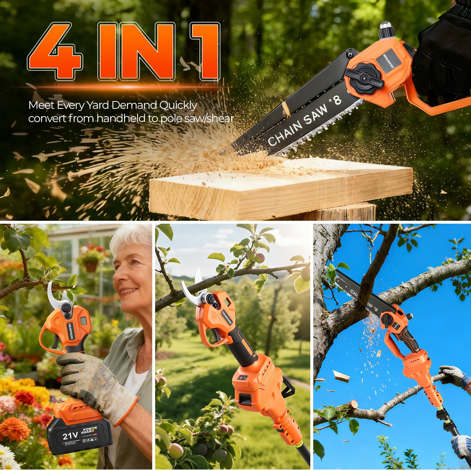 4-in-1 Cordless Pole Saw & Pole Pruning Shears Combo Kit Chainsaw Cutter 8 Inch