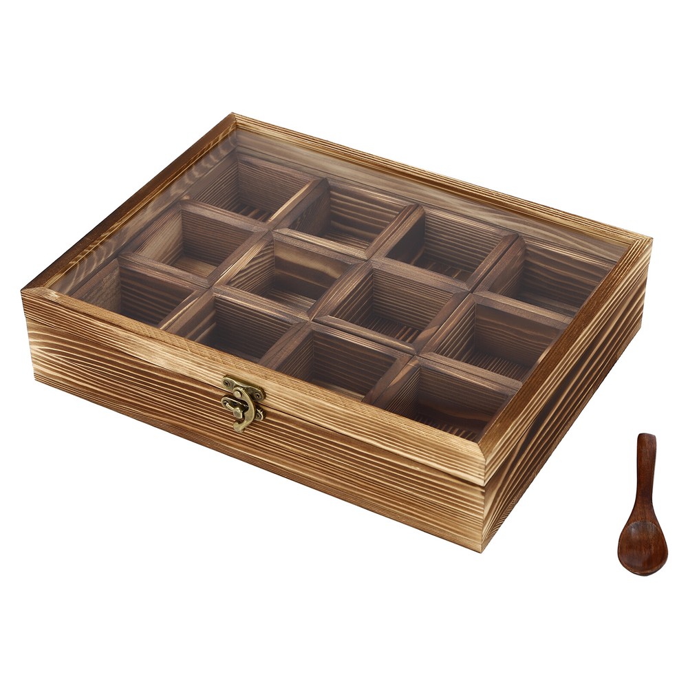 12-Compartment Wooden Spice Box with Spoon - Elegant Kitchen Storage Solution