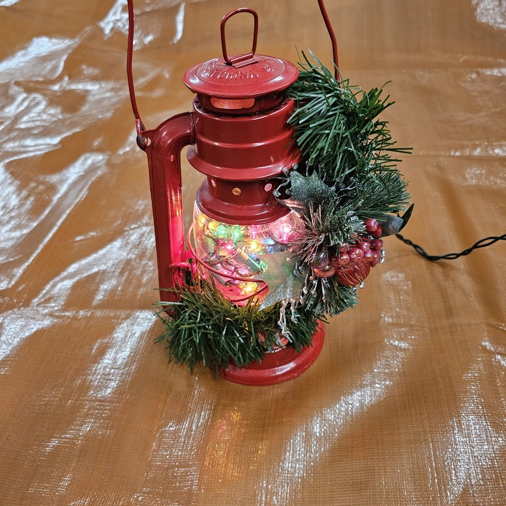 Christmas Decoratiom- Red Handled "Kerosene Lantern" W/ Multi- Colored Lights