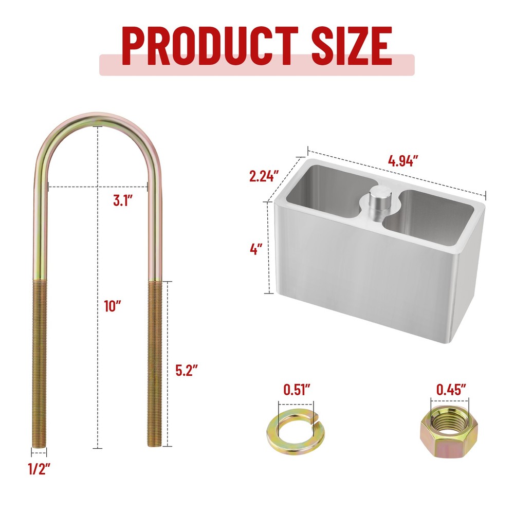 Universal 4” Leaf Spring Lowering Block Kit with U-Bolt & Installation Hardware