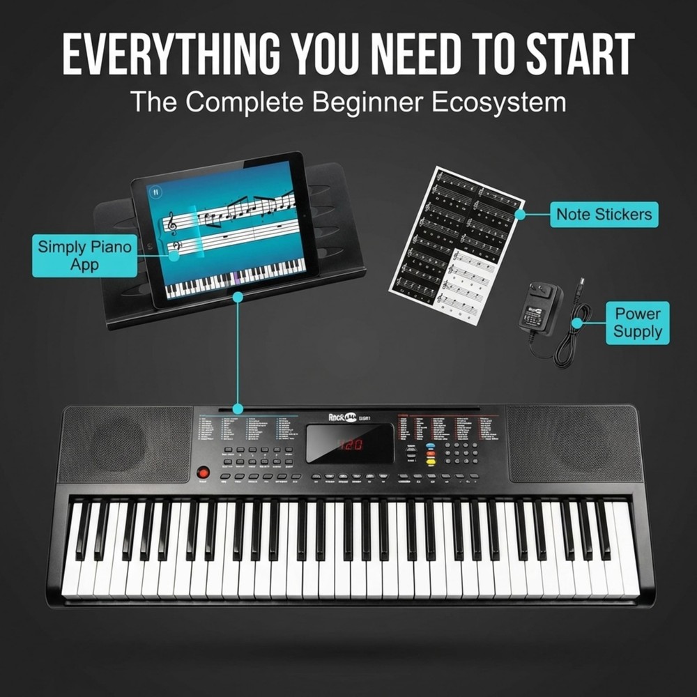 RockJam 61-Key Compact Keyboard Piano with LED Display, Compact, Black