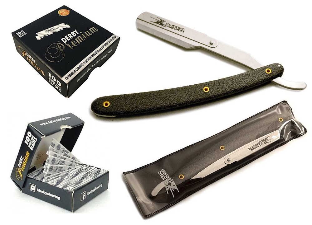 CS Black Pattern Stainless Straight Edge Barber Razor +100 Premium Single Blades