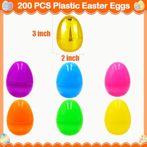 Large Fillable Plastic Easter Eggs with 6 Golden Eggs, Empty Bright 200 PCS 3"