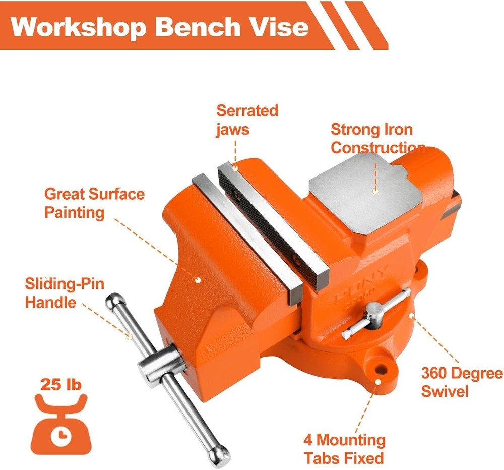 5″ Heavy-Duty Bench Vise – 360° Swivel Base, Pipe Clamp Function