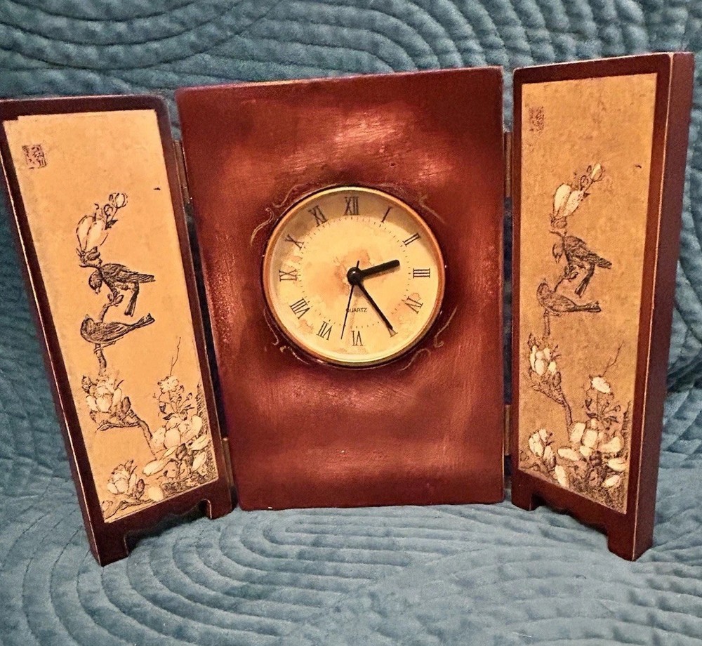 Folding Wooden Table Clock With Asian Decorative Panels