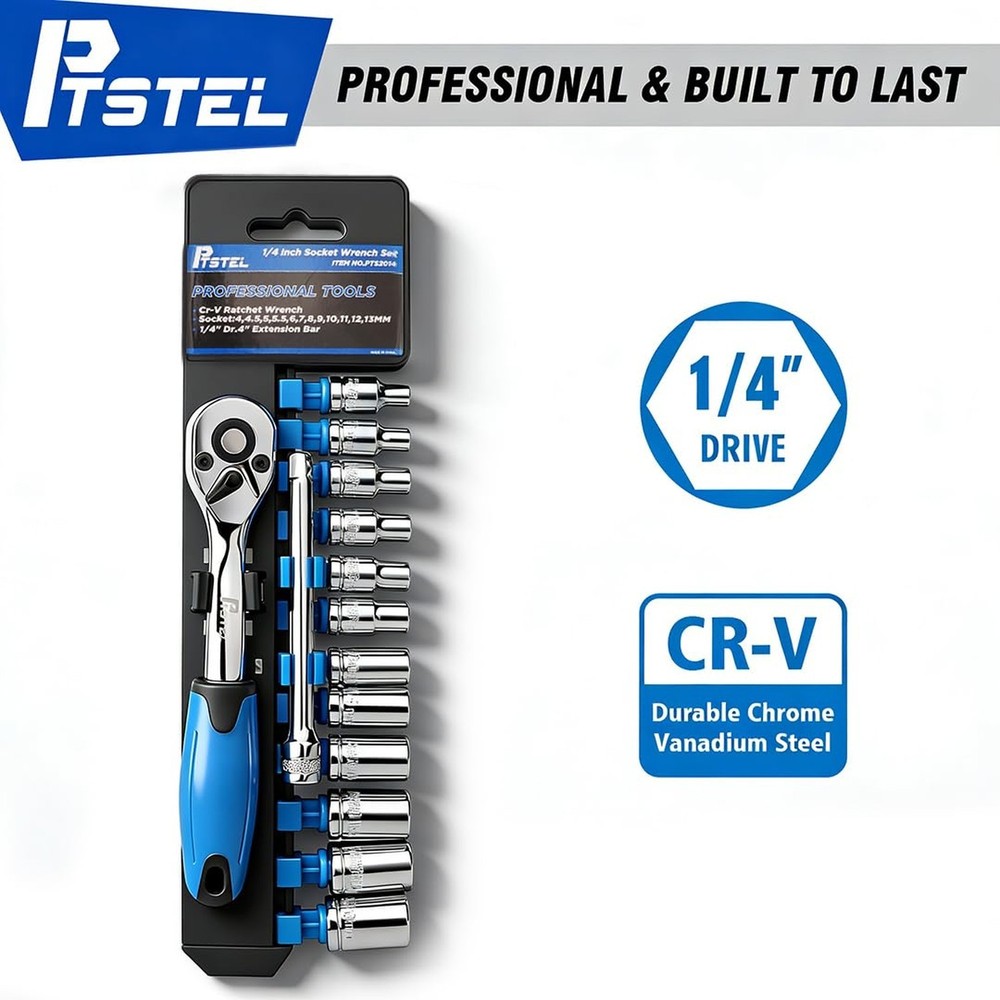 PTSTEL 14 Pieces Socket Wrench Kit, 1/4” Drive Socket Set with 72 Teeth Re