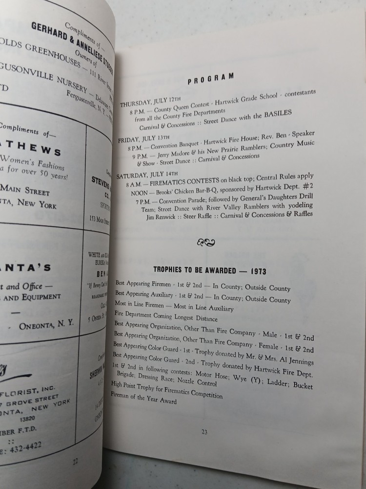 1973 Otsego County NY Vol. Fire Dept Convention Program Firefighting Hartwick