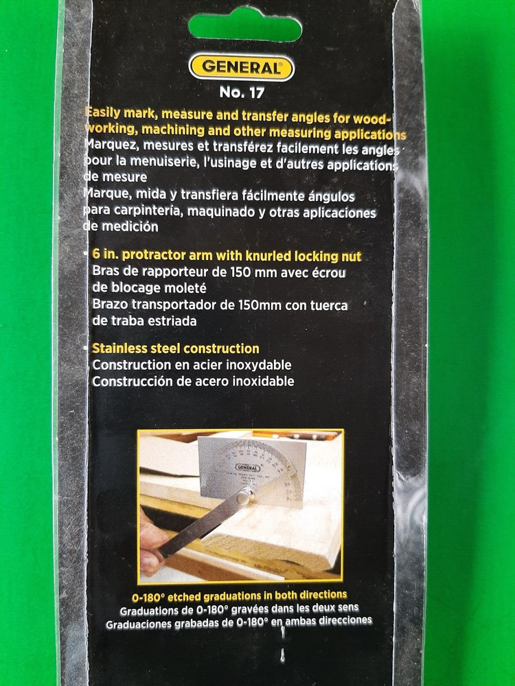 NEW GENERAL TOOLS No. 17 STAINLESS STEEL SQUARE HEAD PROTRACTOR