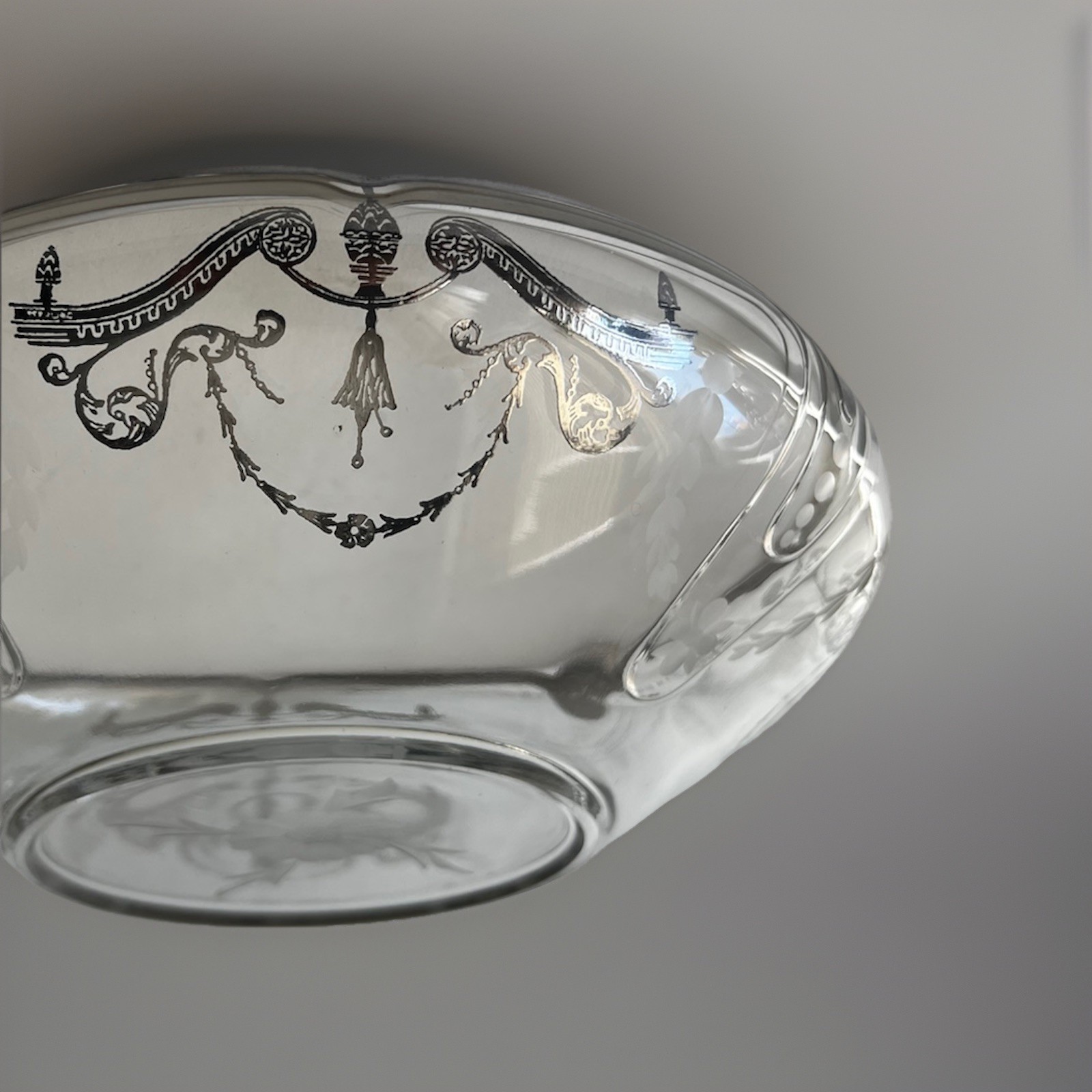 Antique Edwardian Bowl 9” in Diameter With Sterling Silver Inlay Etched 1900’s