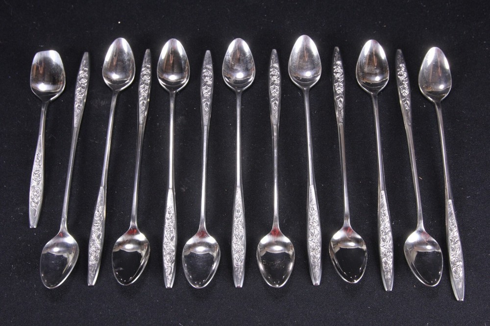 12 Iced Tea Spoons By Eldan Eld18 Pattern Stainless Japan Roses & Texture