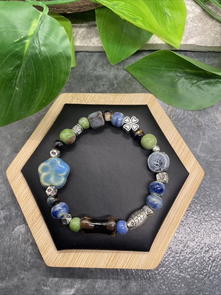 Handmade Ceramic Bead Beaded Stackable 6.5” Plus Stretch Bracelet New B328